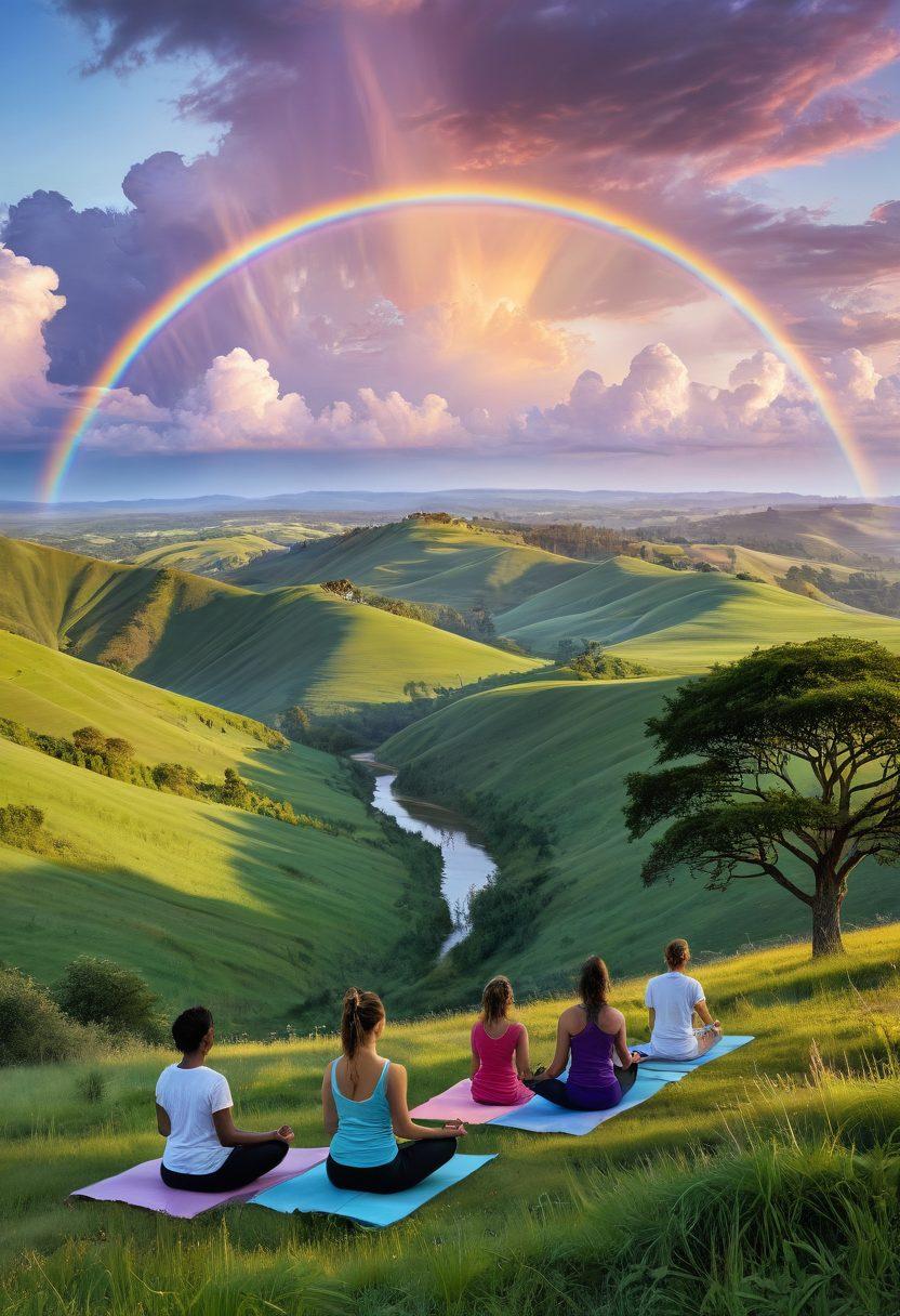 A serene, enchanting landscape with a radiant sun rising over lush, green hills, where people of different ages meditate, practice yoga, and share laughter. The sky is filled with a gently arching rainbow, symbolizing holistic well-being. Ethereal light and soft pastels blend harmoniously. painting. vibrant colors.
