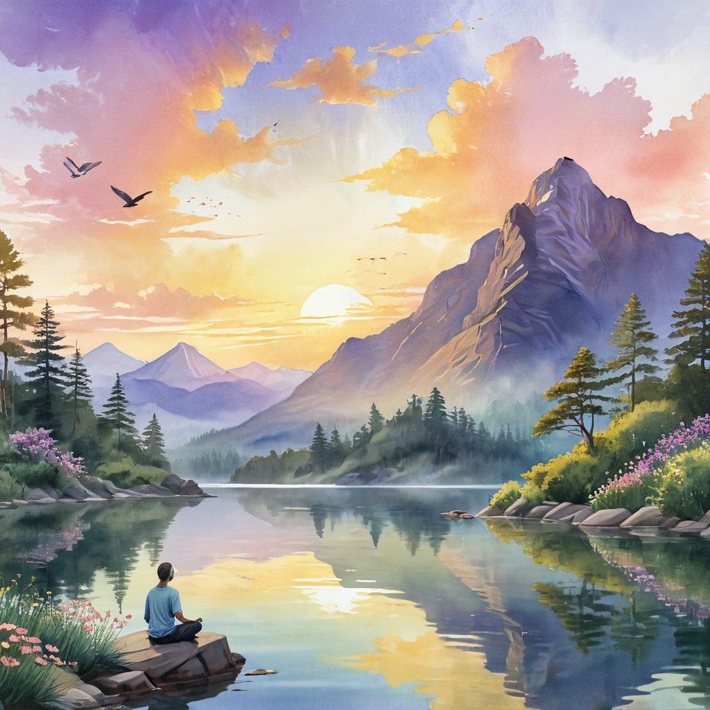 A serene landscape with a person meditating on a mountain top at sunrise, surrounded by calm water and lush greenery, with soft golden light illuminating the scene. The image should evoke a sense of peace and tranquility, with subtle details such as birds flying gently, and delicate flowers in the foreground. watercolor painting. pastel colors.