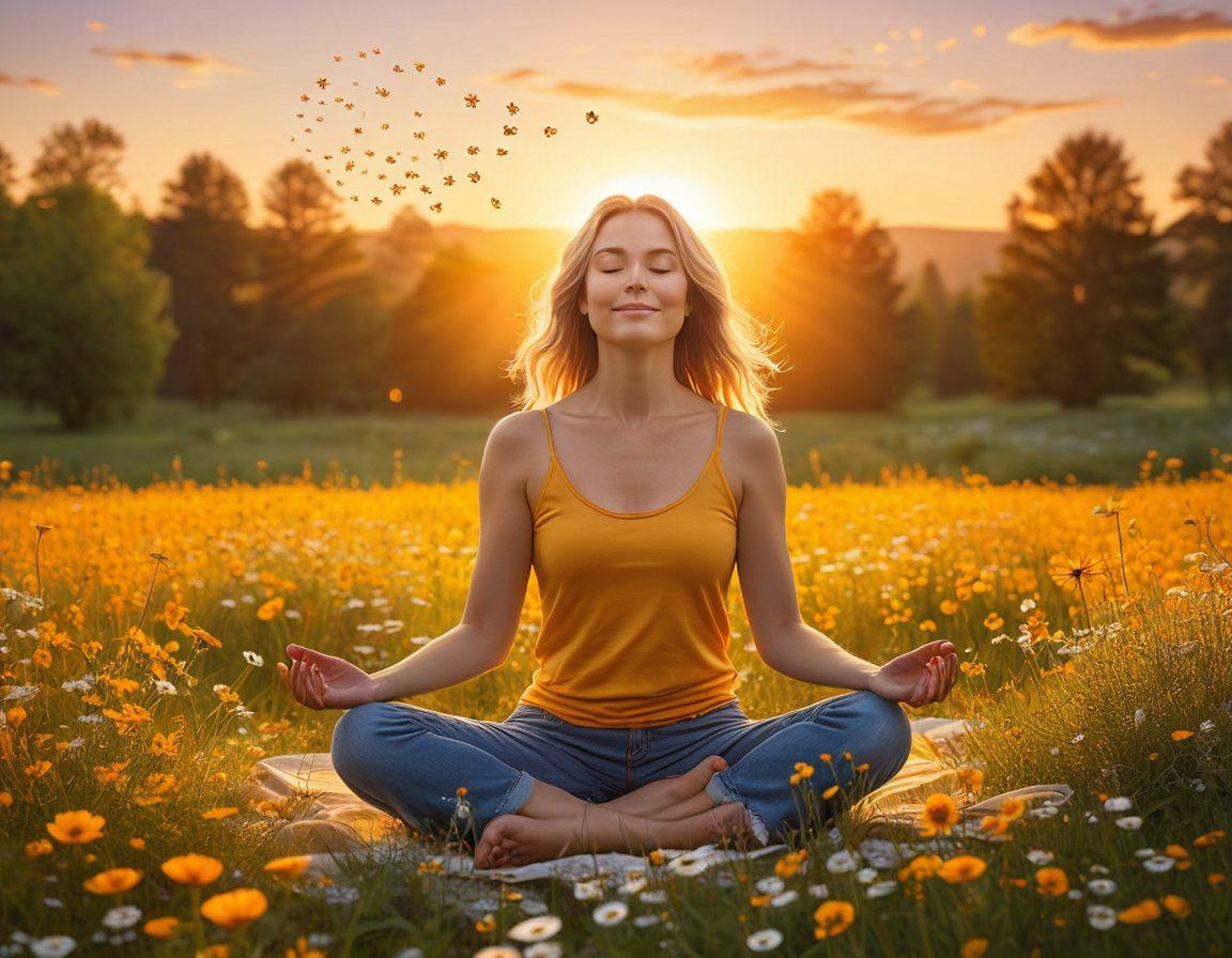 A serene sunrise over a blooming meadow with a person meditating in the foreground, surrounded by floating symbols of happiness such as smiles, hearts, and sun icons. The person radiates a golden aura of positivity, and the scene is bathed in warm, uplifting colors that signify joy and contentment. vibrant colors. super-realistic.